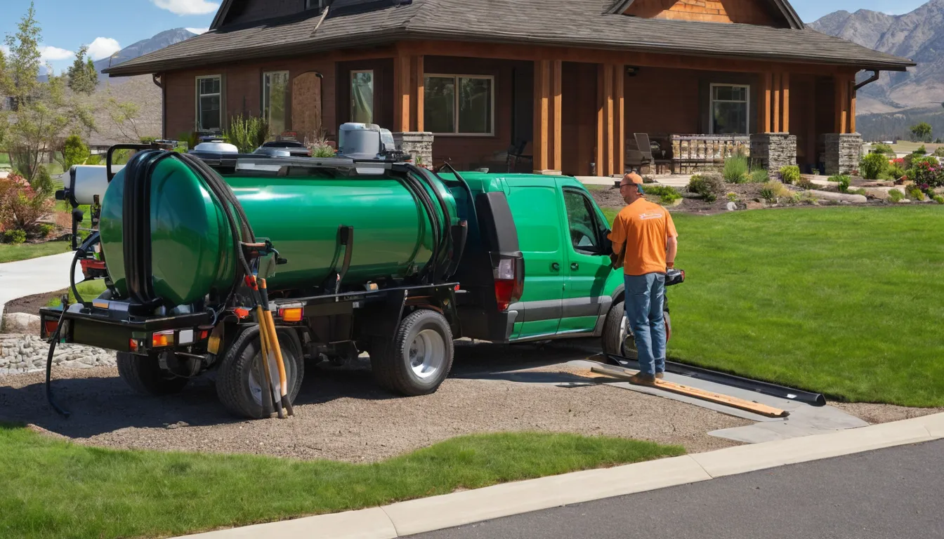Septic tank pumping truck parked beside a Salt Lake City home with a provider checking the tank lid