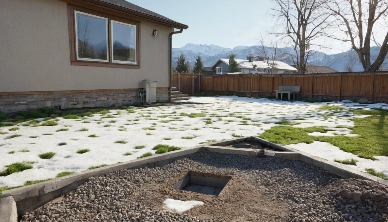 Snowy residential yard in Salt Lake City with a marked septic tank lid and a basement window
